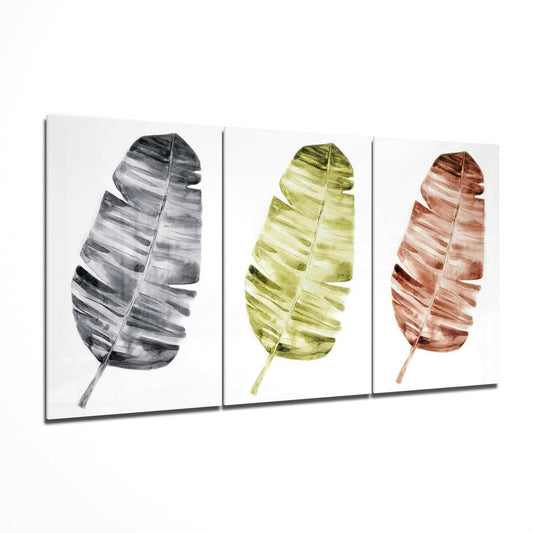 Three glass panels displaying watercolor leaves in grayscale, chartreuse, and terracotta tones, arranged in a triptych format.