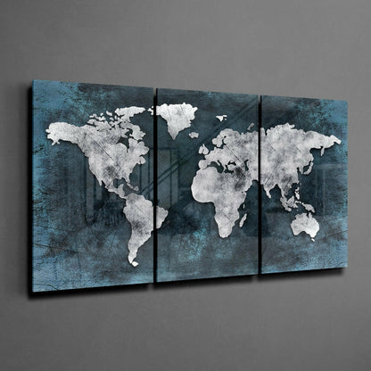 White World Map Teal Grunge Glass Wall Art