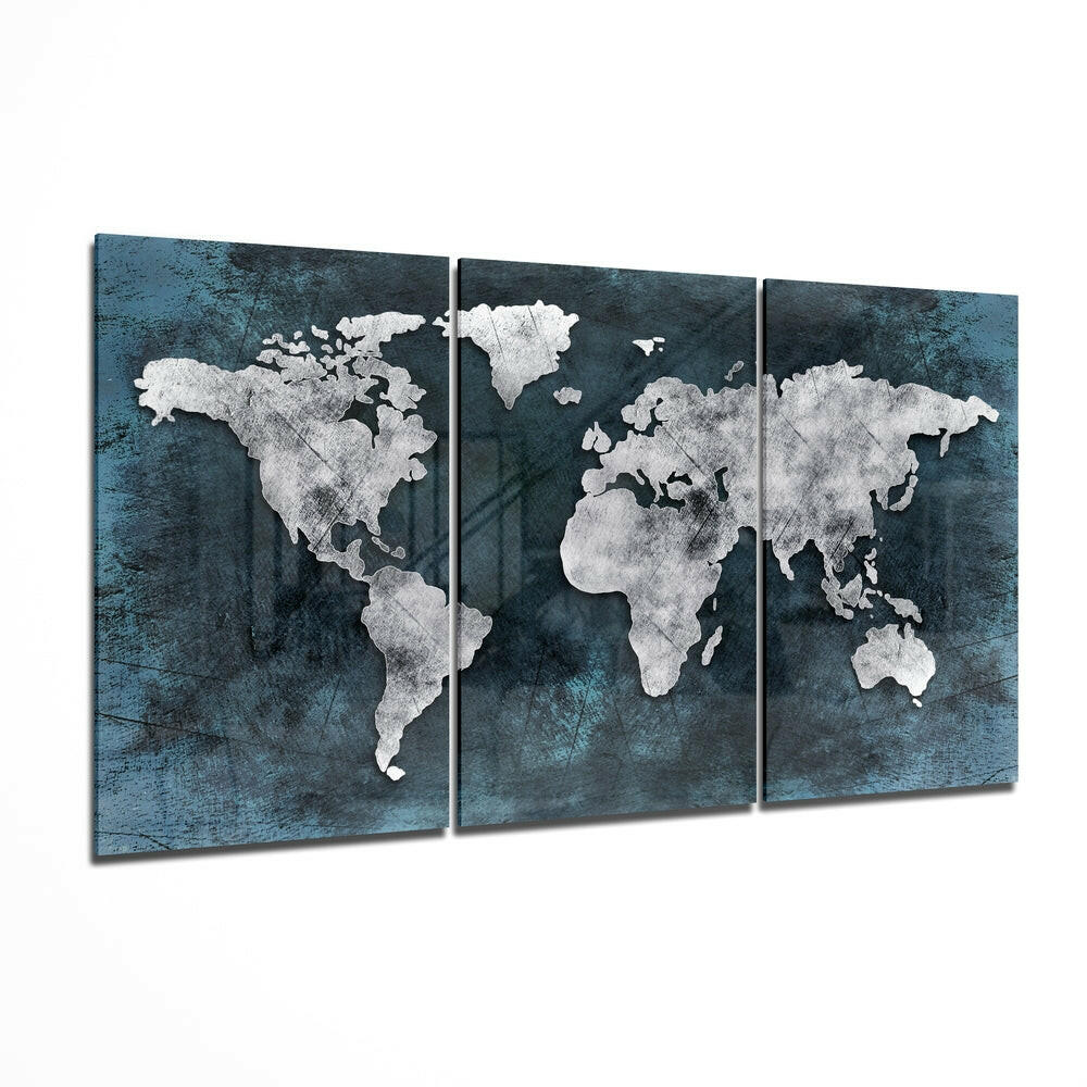 White World Map Teal Grunge Glass Wall Art