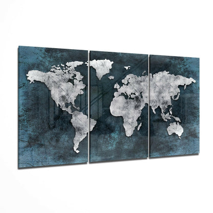 White World Map Teal Grunge Glass Wall Art