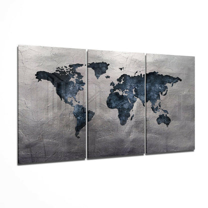 Navy World Map Silver Stone Glass Wall Art