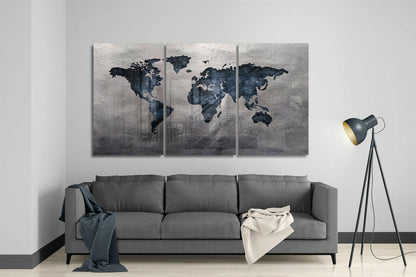 Navy World Map Silver Stone Glass Wall Art