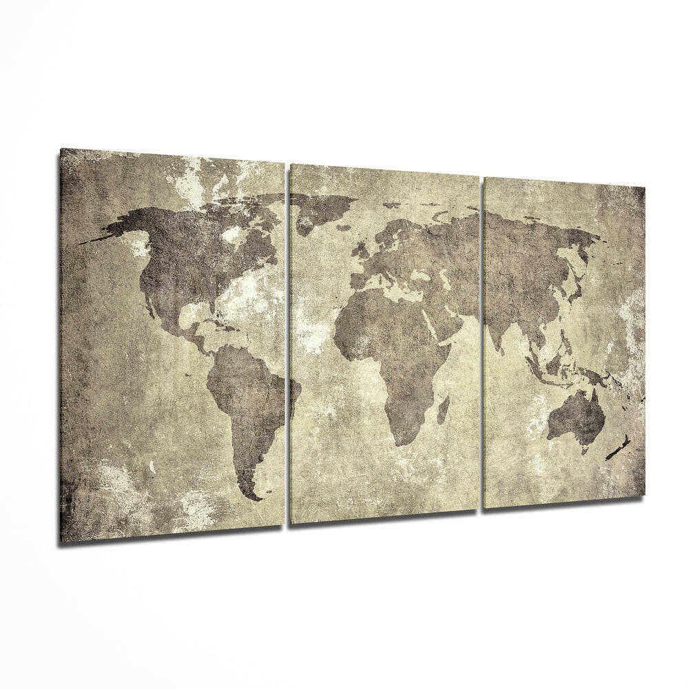 Three-panel vintage world map canvas with sepia tones and distressed texture, displayed at an angle against white background.