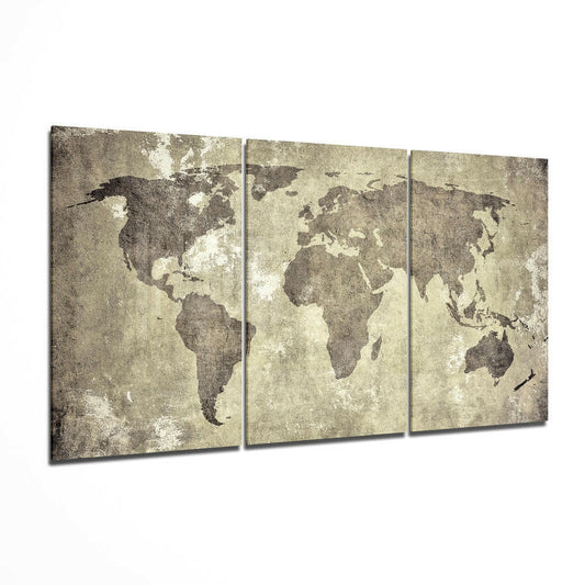 Three-panel vintage world map canvas with sepia tones and distressed texture, displayed at an angle against white background.
