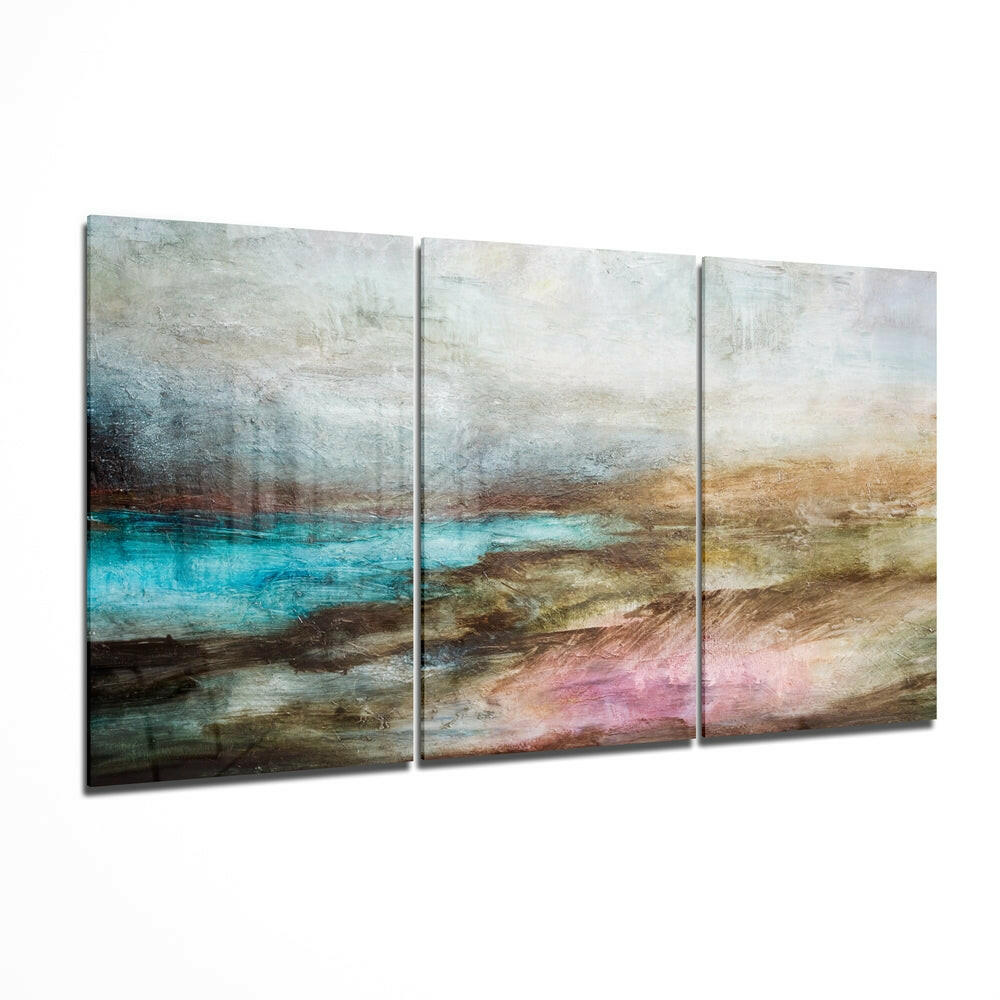 Three-panel abstract glass wall art displaying layered horizontal bands of turquoise, brown, pink, and cream tones in textured, weathered finish.