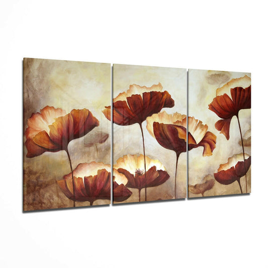 Three-panel glass wall art displaying red and orange poppies with cream petals against a neutral beige background.