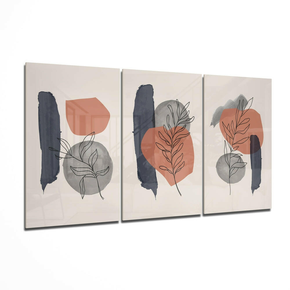 Three glass panels displaying abstract botanical designs with dark brushstrokes, terracotta and gray geometric shapes, and minimalist line-drawn leaves on beige background.
