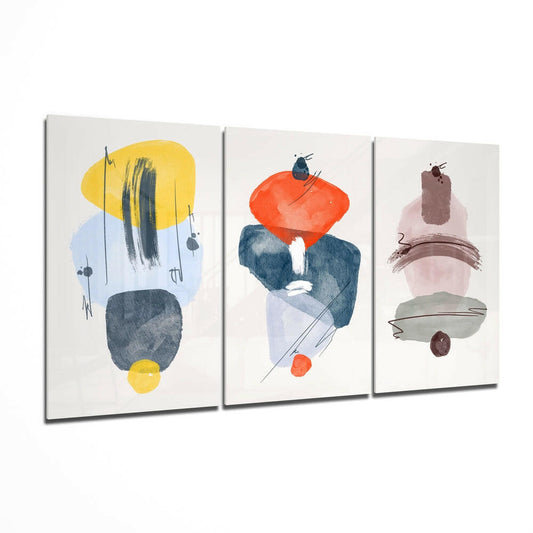 Three glass wall panels displaying abstract watercolor compositions with organic shapes in yellow, orange, red, blue, brown, and pink tones.