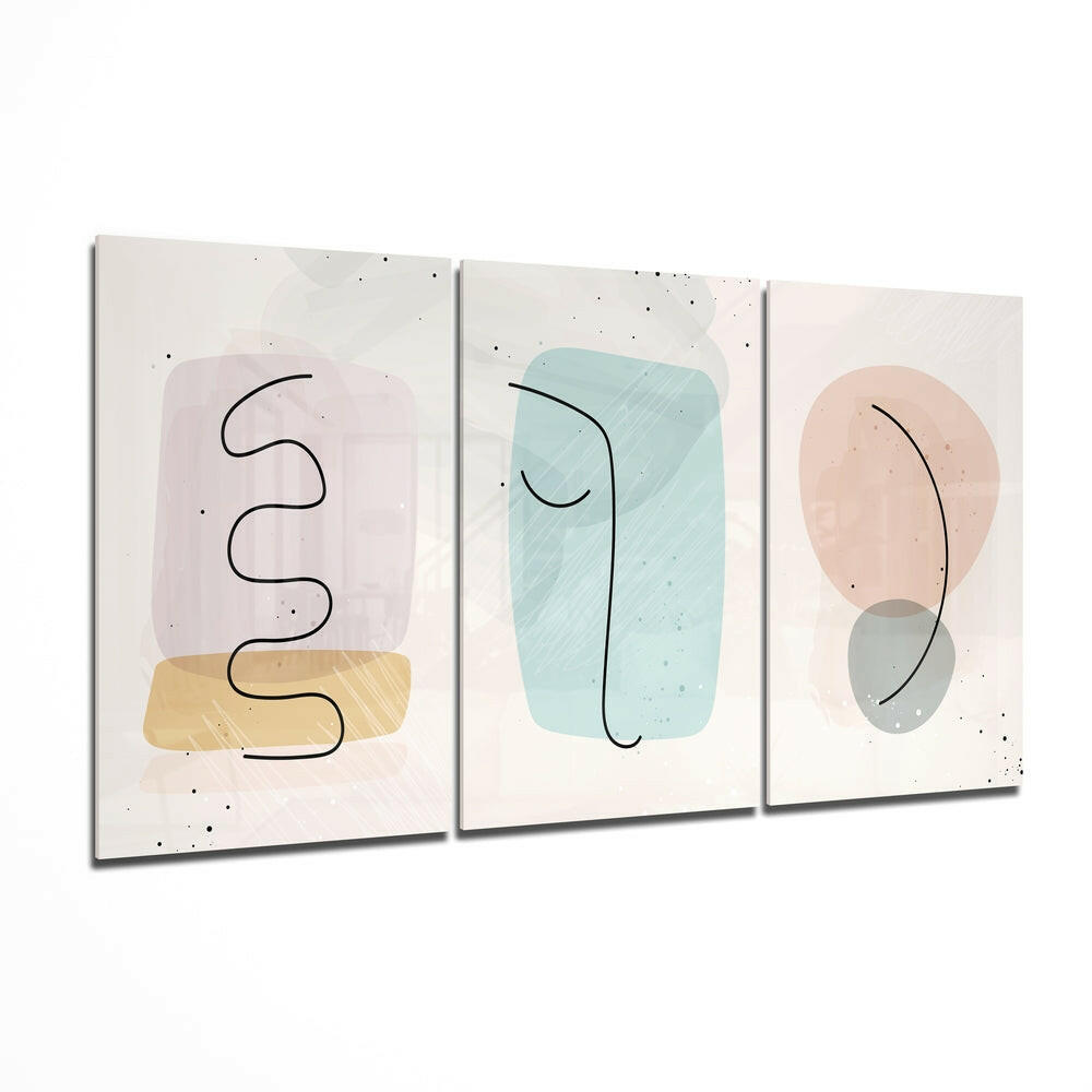 Three glass wall panels displaying minimalist line drawings with pastel shapes in pink, blue, and beige tones on cream backgrounds.