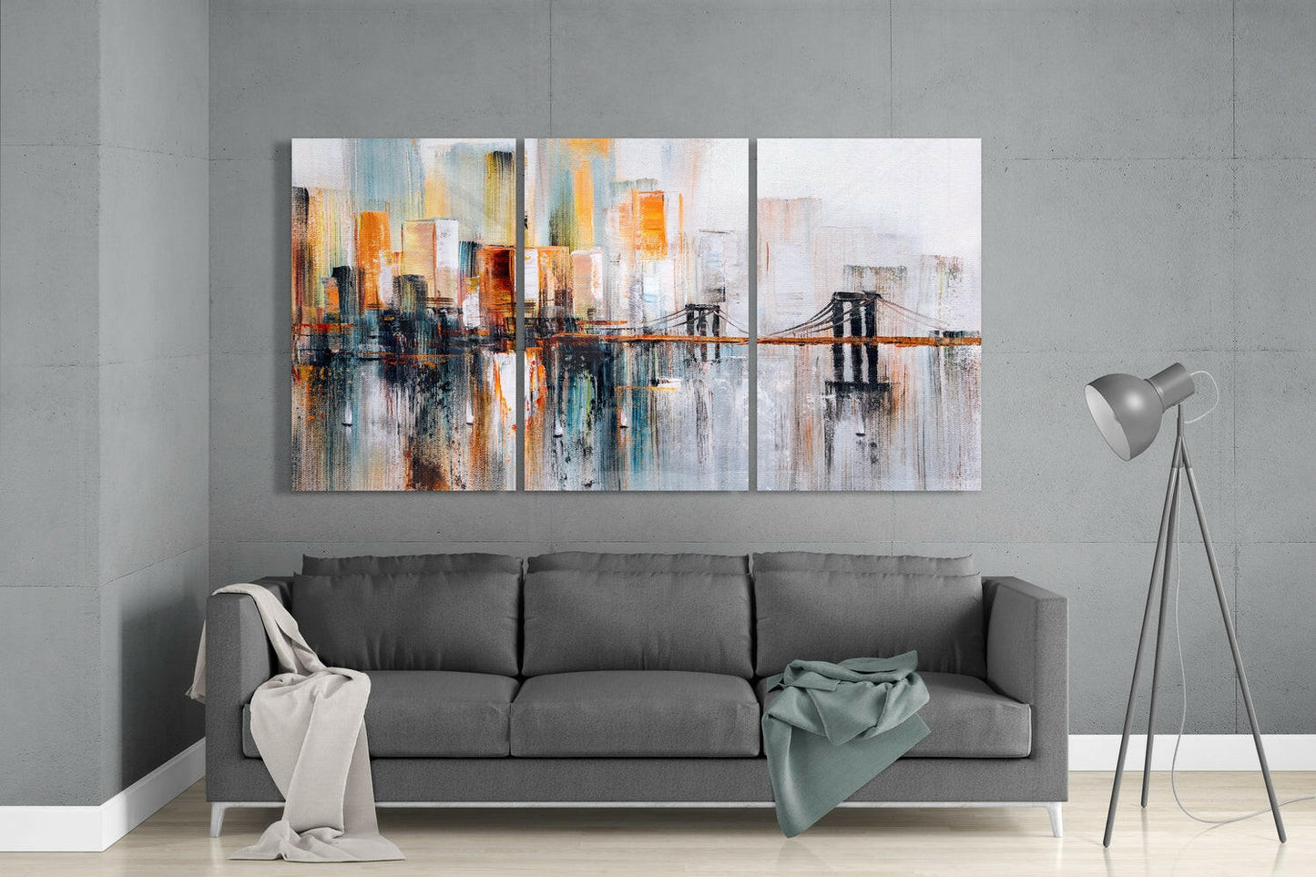 Abstract Amber City Skyline Bridge Glass Wall Art
