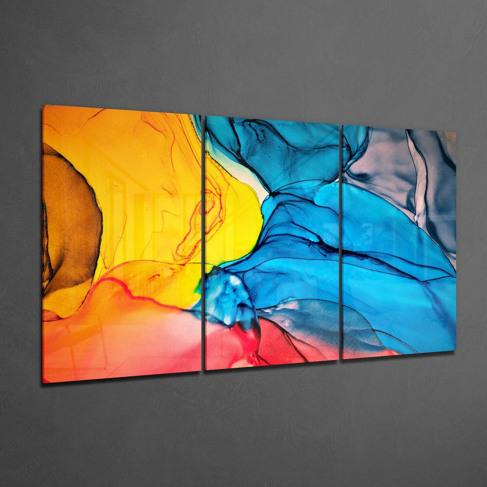 Amber And Cobalt Ink Flow Abstract Glass Wall Art
