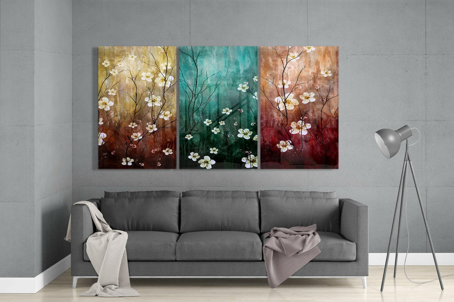 Three Panel Teal And Rust Blossom Branch Glass Wall Art