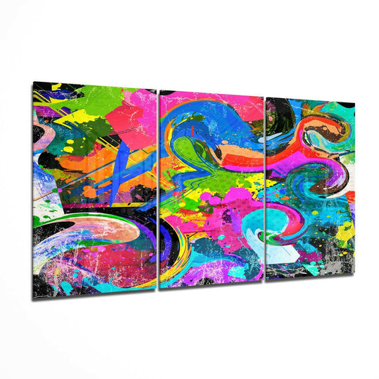 Three-panel triptych of vibrant neon graffiti art on glass with swirling brushstrokes in magenta, cyan, yellow, and blue against black backgrounds.