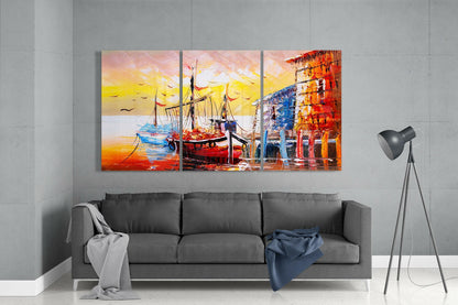 Palette Knife Harbor Boats Glass Wall Art