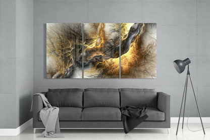 Three-panel yellow and gold glass wall art with abstract molten patterns displayed above gray sofa in minimalist room setting.