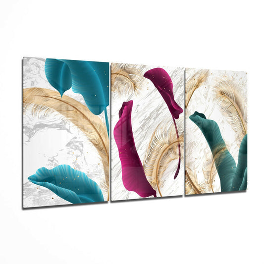 Three-panel glass wall art displaying teal, magenta, and green curved leaves with gold feather details on textured white background.
