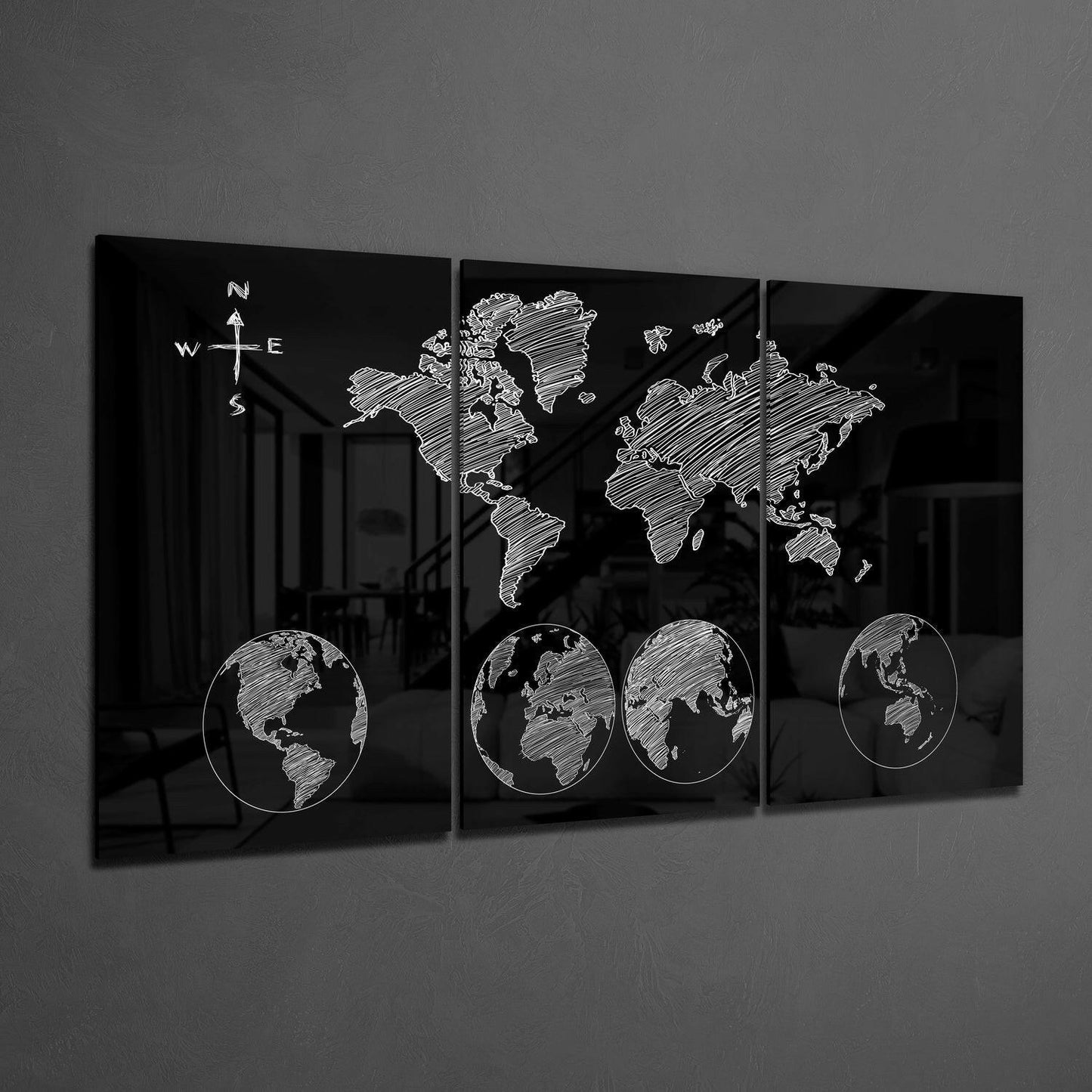 Sketched Compass Globe World Map Glass Wall Art