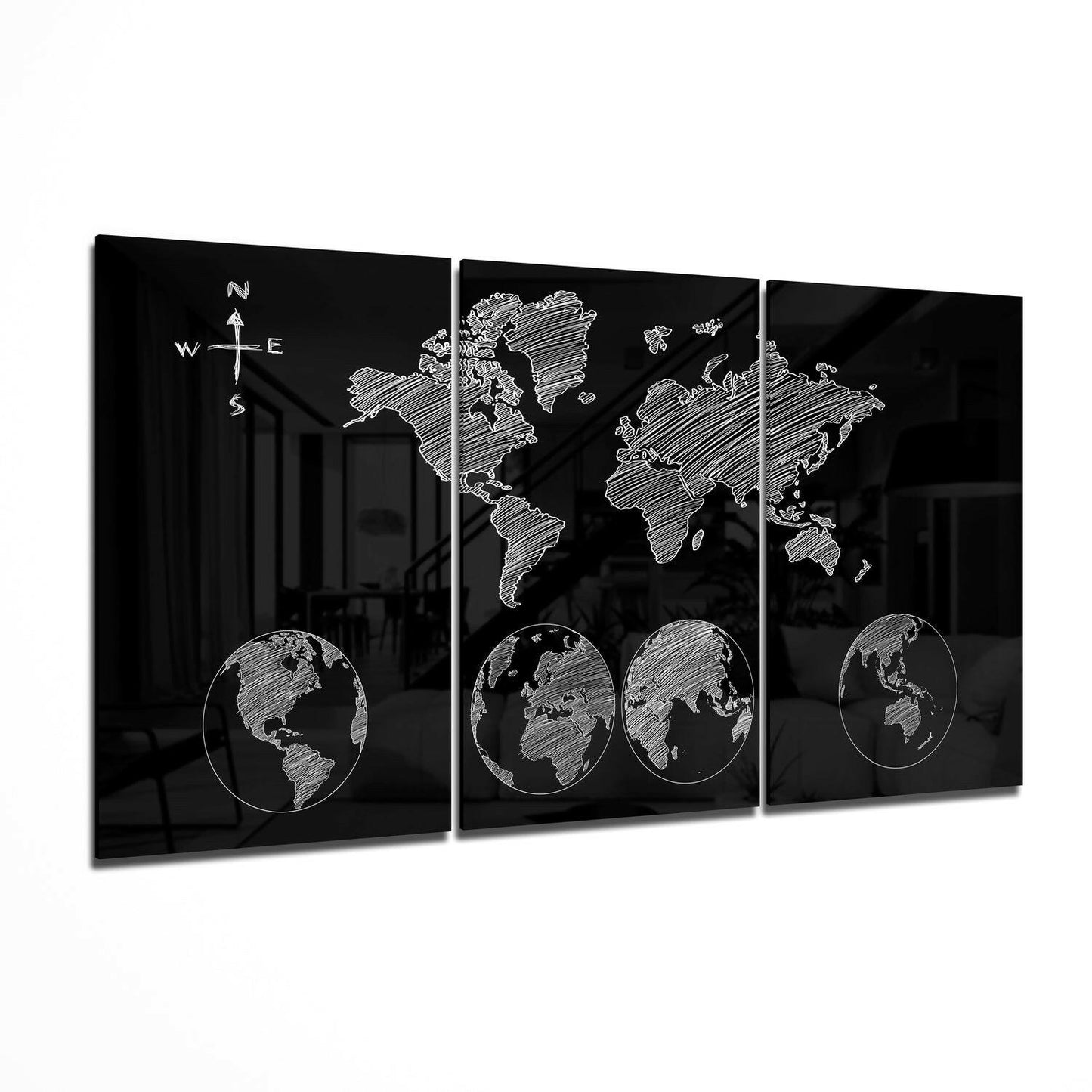 Sketched Compass Globe World Map Glass Wall Art