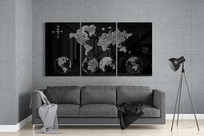 Sketched Compass Globe World Map Glass Wall Art