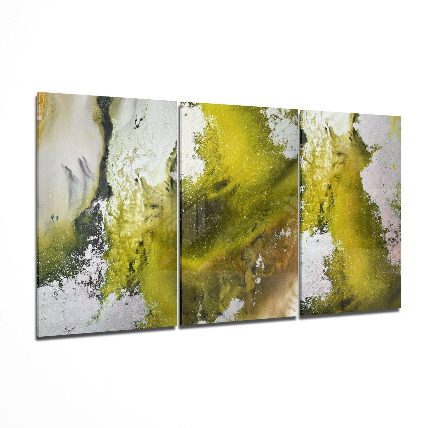 Three-panel glass wall art featuring close-up aerial view of yellow-green lichen and white patches on weathered gray surface.