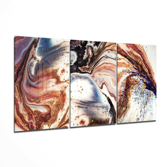 Three-panel glass wall art displaying swirled marble patterns in beige, gold, burgundy, and blue tones with metallic accents, angled perspective view.