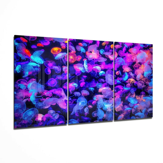 Three-panel glass wall art displaying bioluminescent jellyfish in neon magenta, cyan, and purple hues against a dark background.