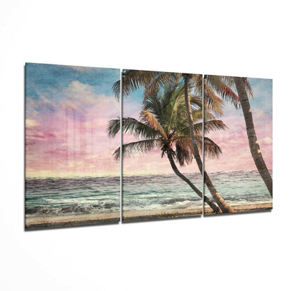 Three-panel tropical beach scene with palm trees leaning toward turquoise ocean under pink and blue sunset sky.