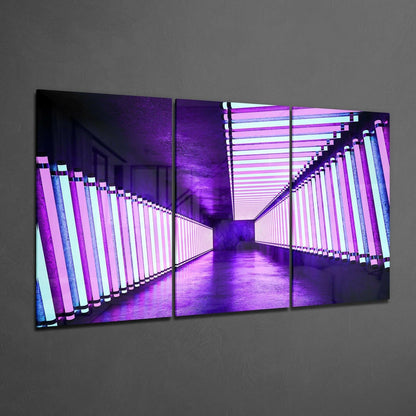 Three-panel glass wall art displaying a neon-lit purple corridor with glowing pink and cyan vertical tubes receding into perspective.