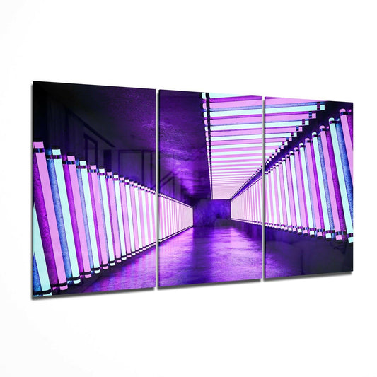 Three-panel triptych displaying a neon-lit corridor with purple and cyan glowing vertical tubes creating a symmetrical vanishing point perspective.