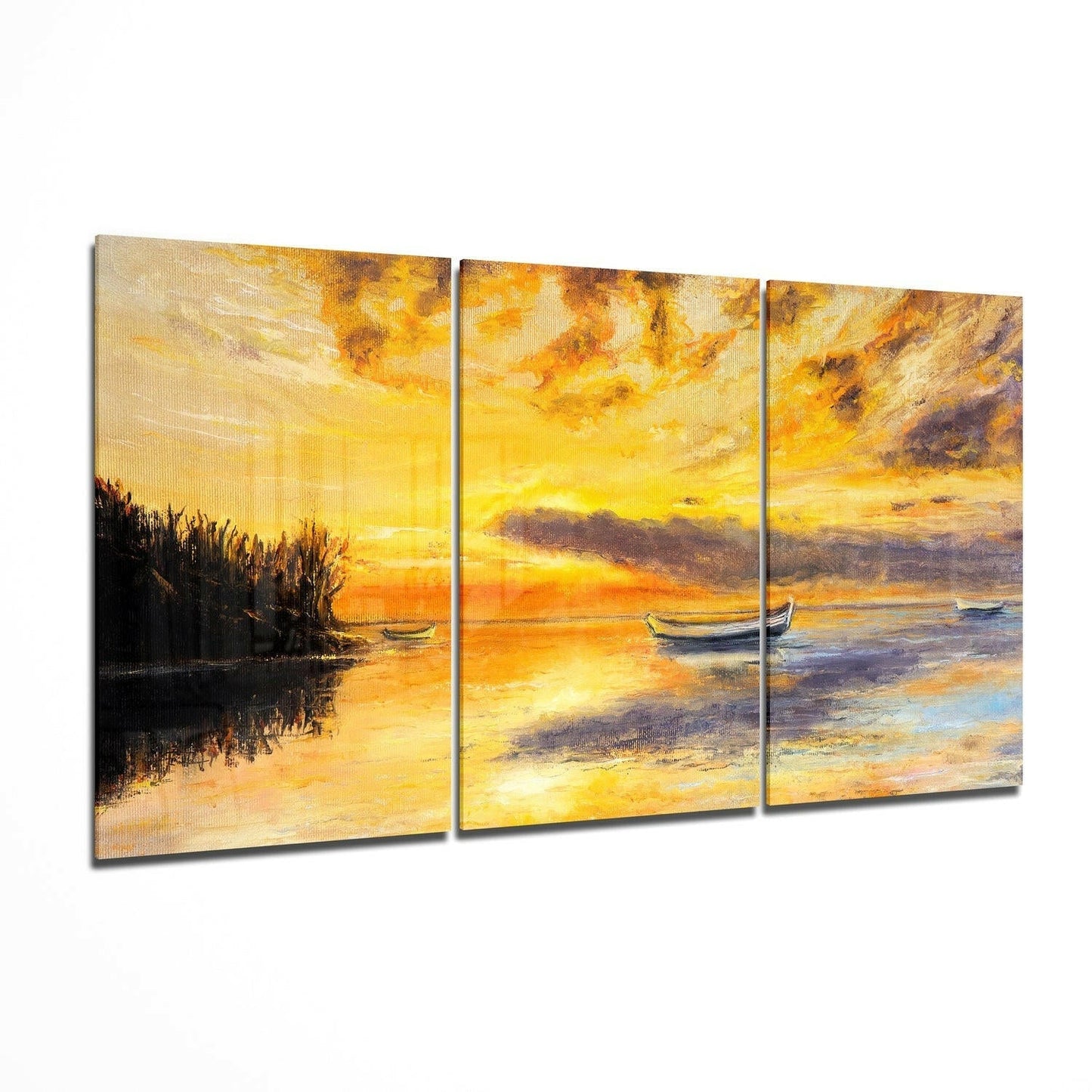 Triptych Sunset Lake Boats Glass Wall Art