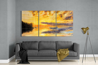 Triptych Sunset Lake Boats Glass Wall Art