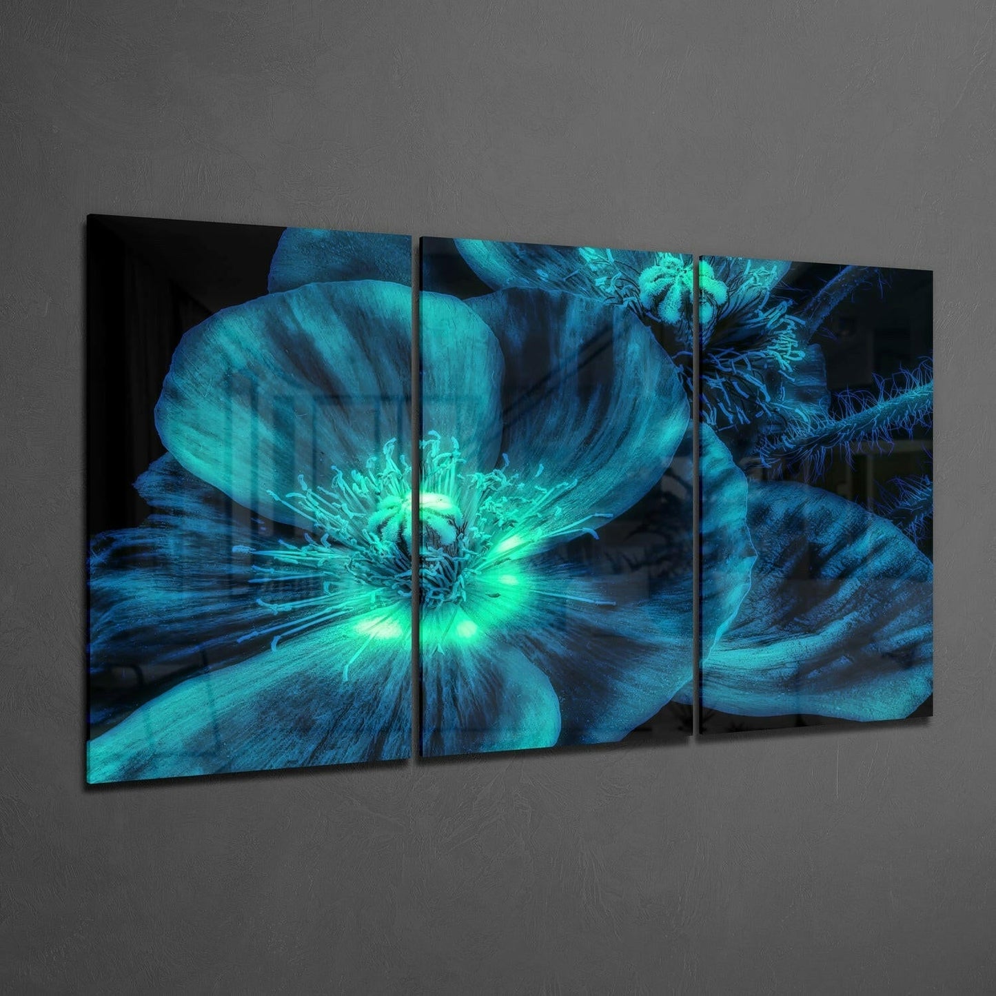 Glowing Turquoise Poppy Close Up Glass Wall Art