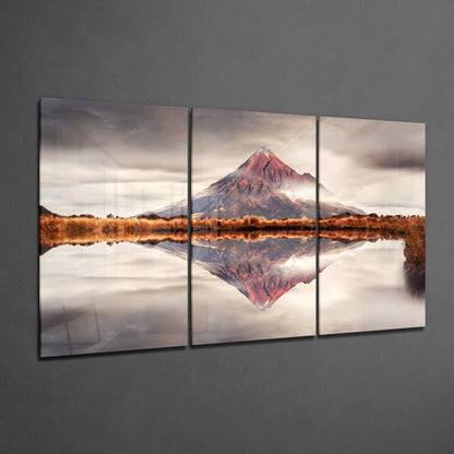Triptych Volcano Reflection Cloudy Sky Glass Wall Art