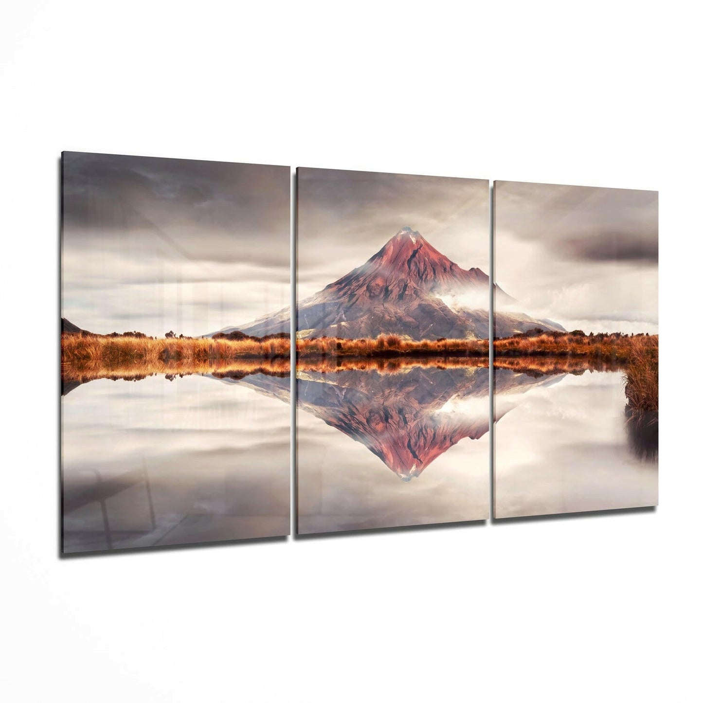 Triptych Volcano Reflection Cloudy Sky Glass Wall Art