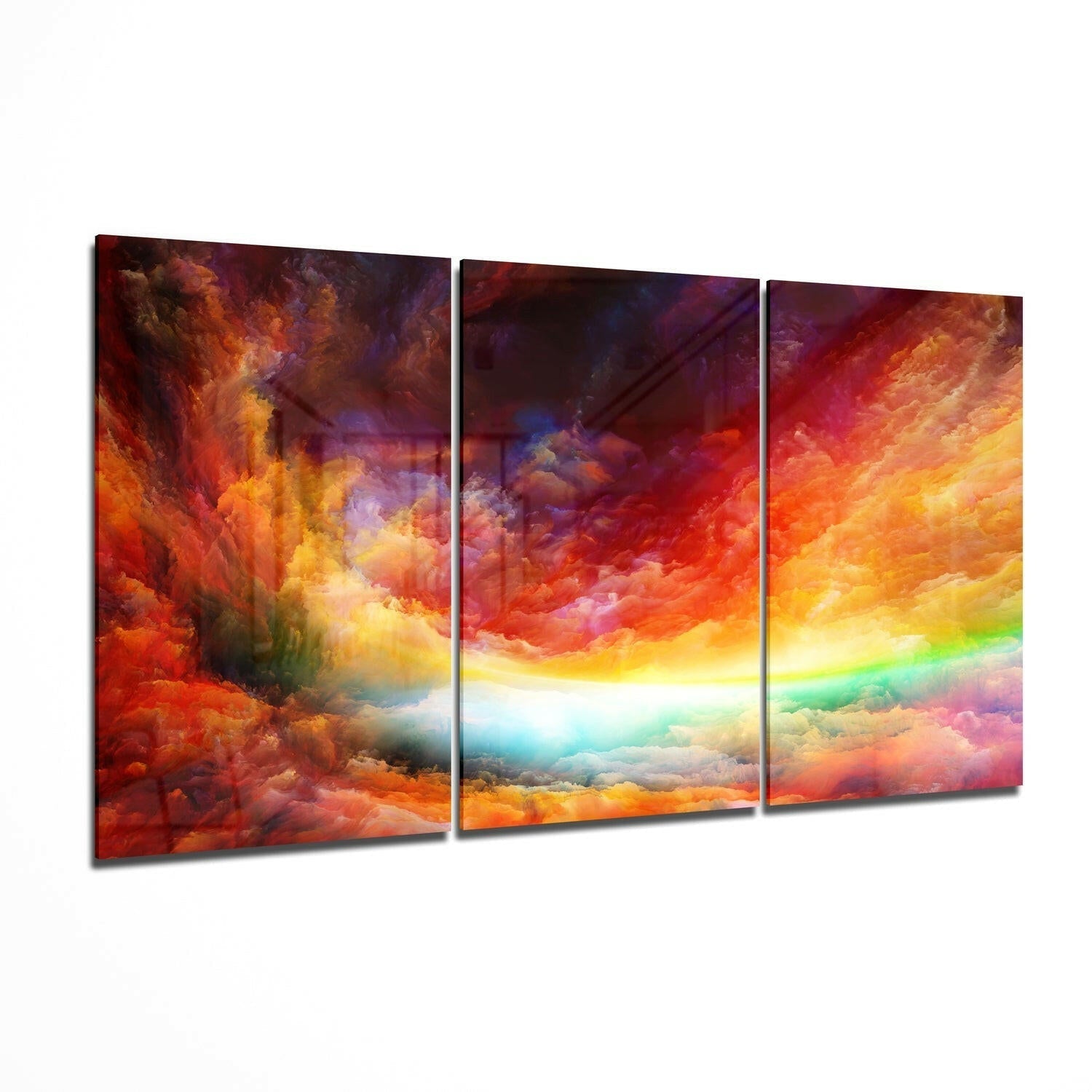 Three-panel glass wall art displaying vibrant red, orange, yellow, and blue gradient clouds with a bright central light source.