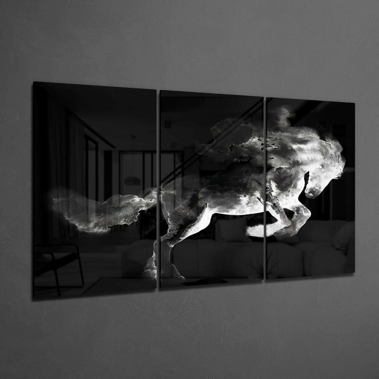 Black Smoke Horse Triptych Glass Wall Art