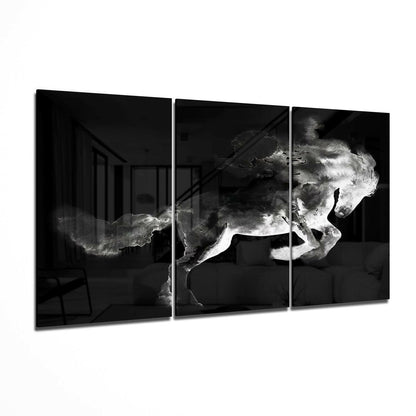 Black Smoke Horse Triptych Glass Wall Art
