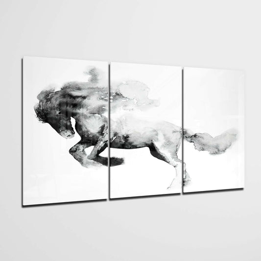 Three-panel glass wall art displaying a monochromatic ink wash horse in dynamic galloping pose against white background.