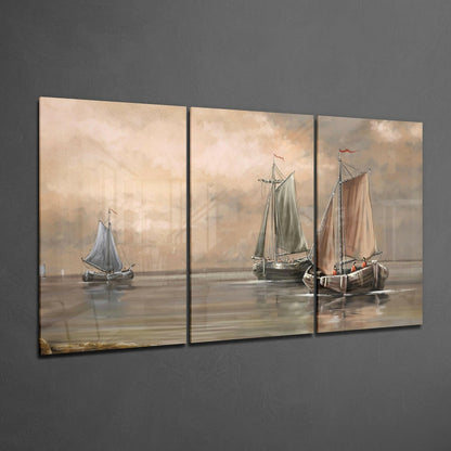 Sepia Mist Sailing Boats At Anchor Glass Wall Art