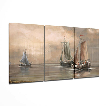Sepia Mist Sailing Boats At Anchor Glass Wall Art