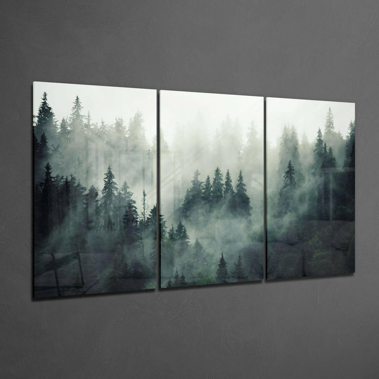Triptych Misty Pine Treetops Glass Wall Art