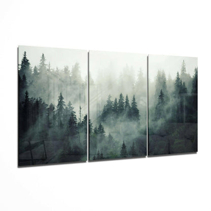 Triptych Misty Pine Treetops Glass Wall Art