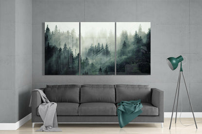 Triptych Misty Pine Treetops Glass Wall Art