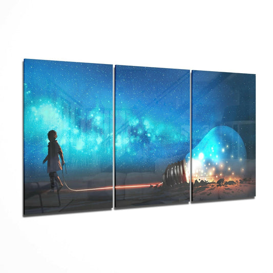 Three-panel glass wall art depicting a silhouetted child standing before a glowing giant light bulb under a starry blue night sky.
