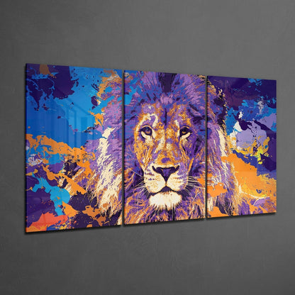 Purple Orange Splatter Lion Mega Glass Wall Art