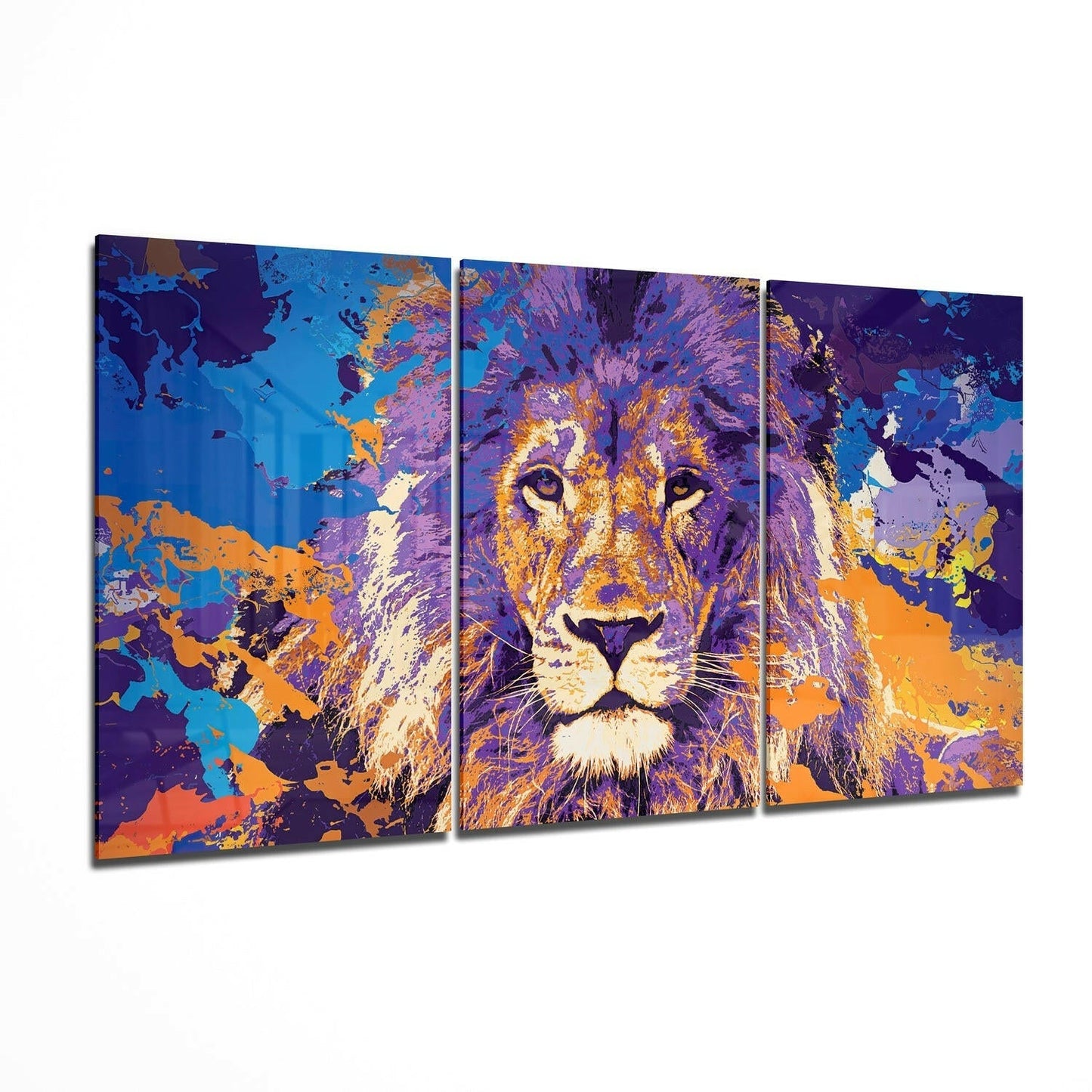 Purple Orange Splatter Lion Mega Glass Wall Art