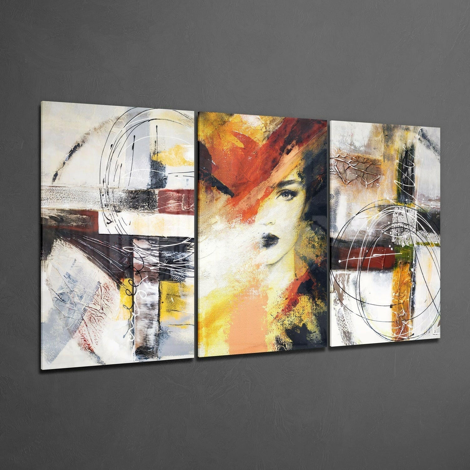 Three-panel glass wall art featuring abstract designs with geometric shapes, warm earth tones, and a stylized female face in the center panel.