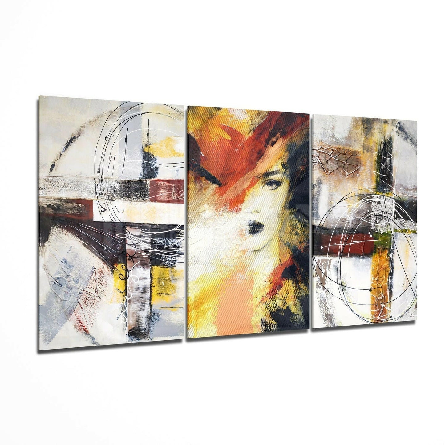 Three-panel glass wall art displaying abstract geometric designs with woman's portrait, warm earth tones, and circular line elements.