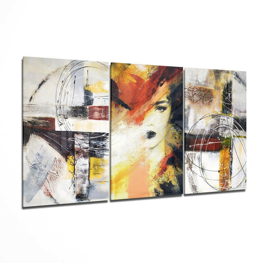 Three-panel glass wall art displaying abstract geometric designs with woman's portrait, warm earth tones, and circular line elements.