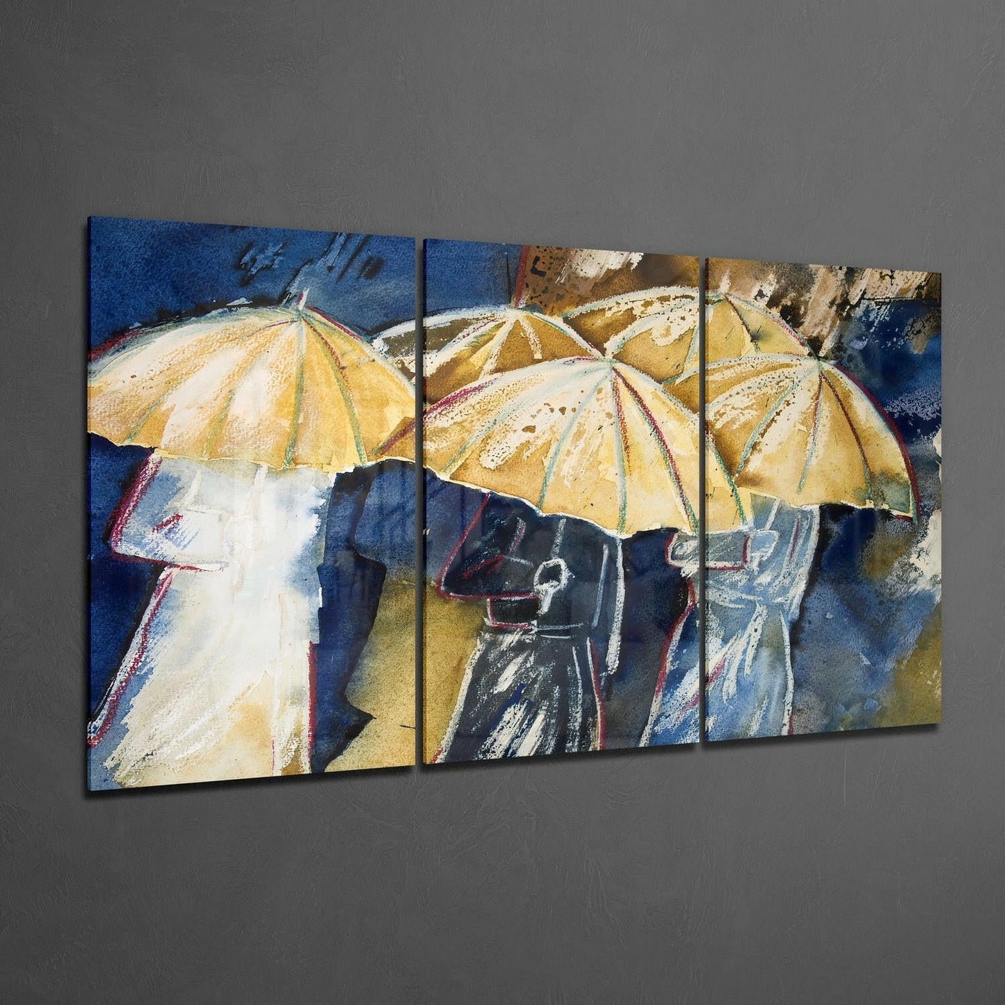 Yellow Umbrellas In Blue Rain Glass Wall Art